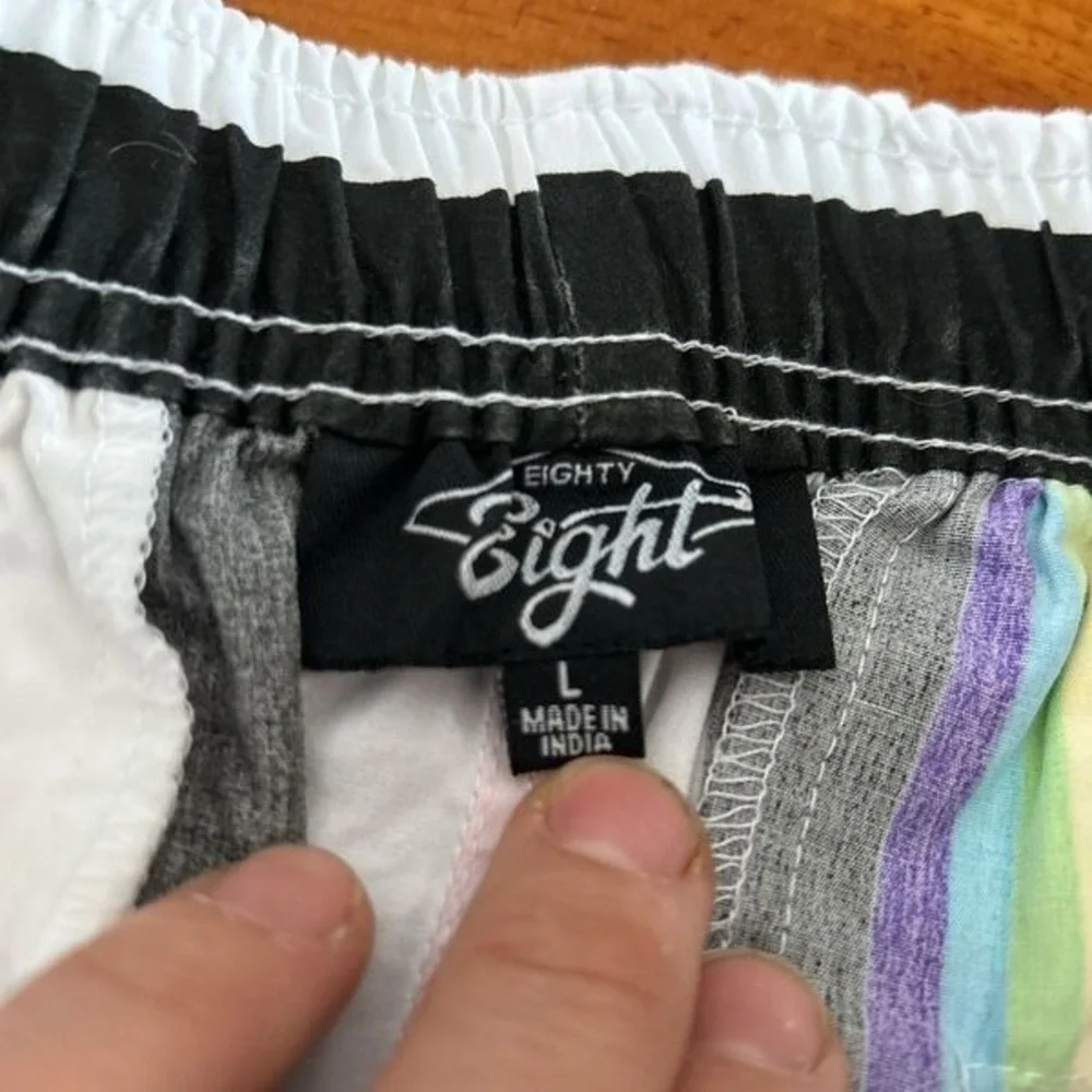 Eighty Eight Men's Striped Board Shorts. Black/White/Rainbow. Size‎ Large.